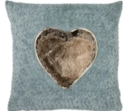 Lazis Grau-Blaue Kissenhülle Celadon mit Fellherz 45 x 45 cm