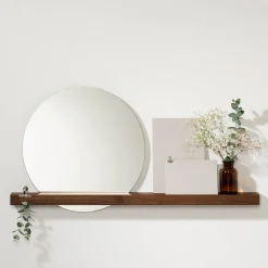 weld & co Wandspiegel mit Nussbaumholzablage 100 × 7,5 × 4 cm, Spiegel Ø 50 cm rechts