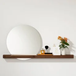 weld & co Wandspiegel mit Nussbaumholzablage 100 × 7,5 × 4 cm, Spiegel Ø 50 cm rechts