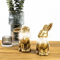 Werner Voß Hase mit Federboa, gold, Ohren angelegt T 12/ B 9 / H 12,5 cm