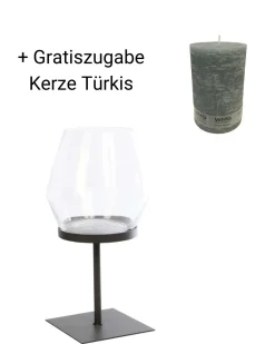 WMG Eisen Windlicht Laurentius 50 cm + Gratiszugabe Kerze Türkis